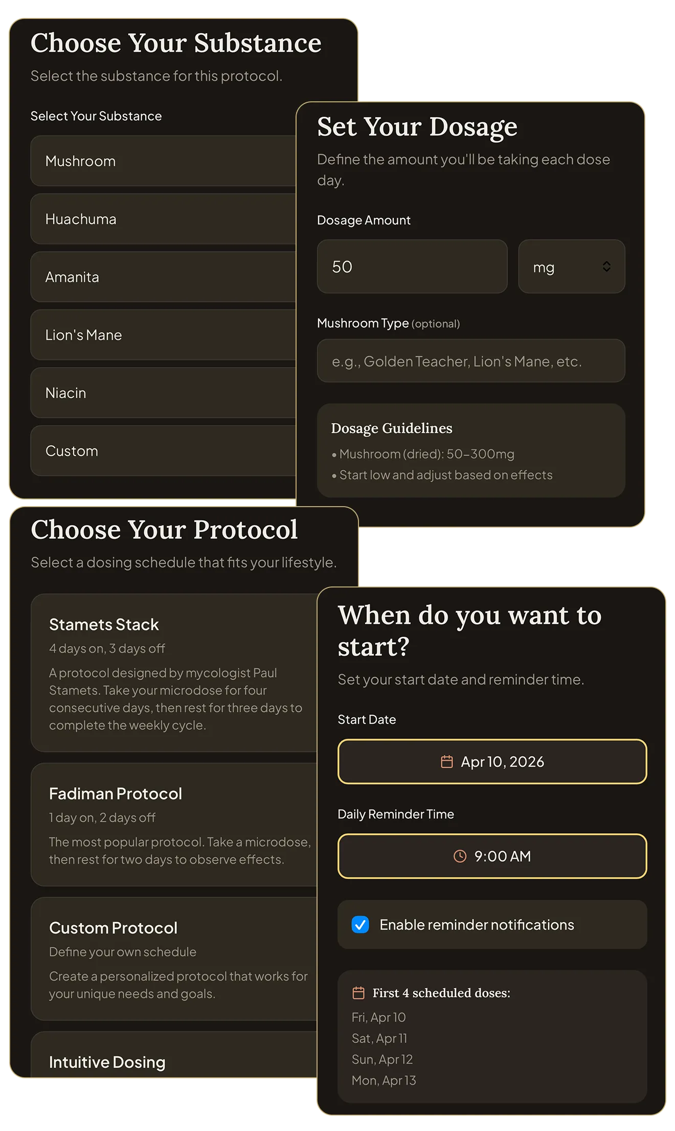 Setting up a protocol in Lucidly: choose a substance, set your dosage, pick a protocol like Stamets Stack or Fadiman, and choose a start date and reminder time