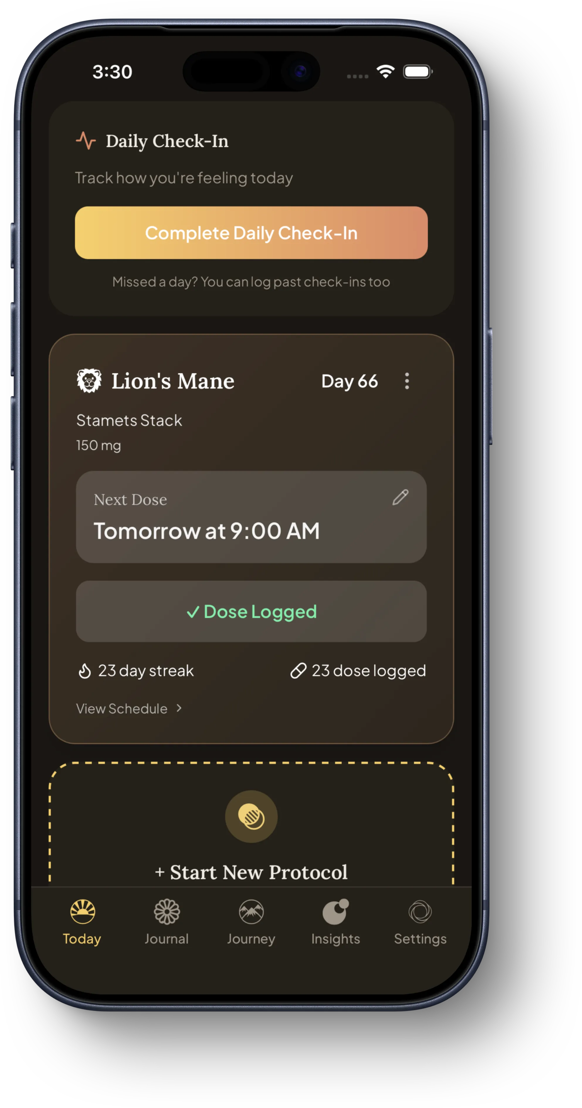 Lucidly's Today screen: a daily check-in button and a Lion's Mane protocol on day 66 with its dose logged and a 23-day streak